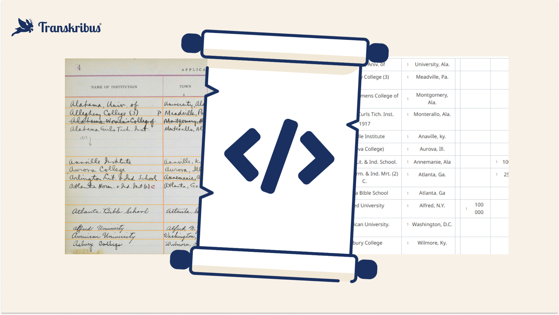 Screenshot of a handwritten table in Transkribus with a scroll icon overlaid