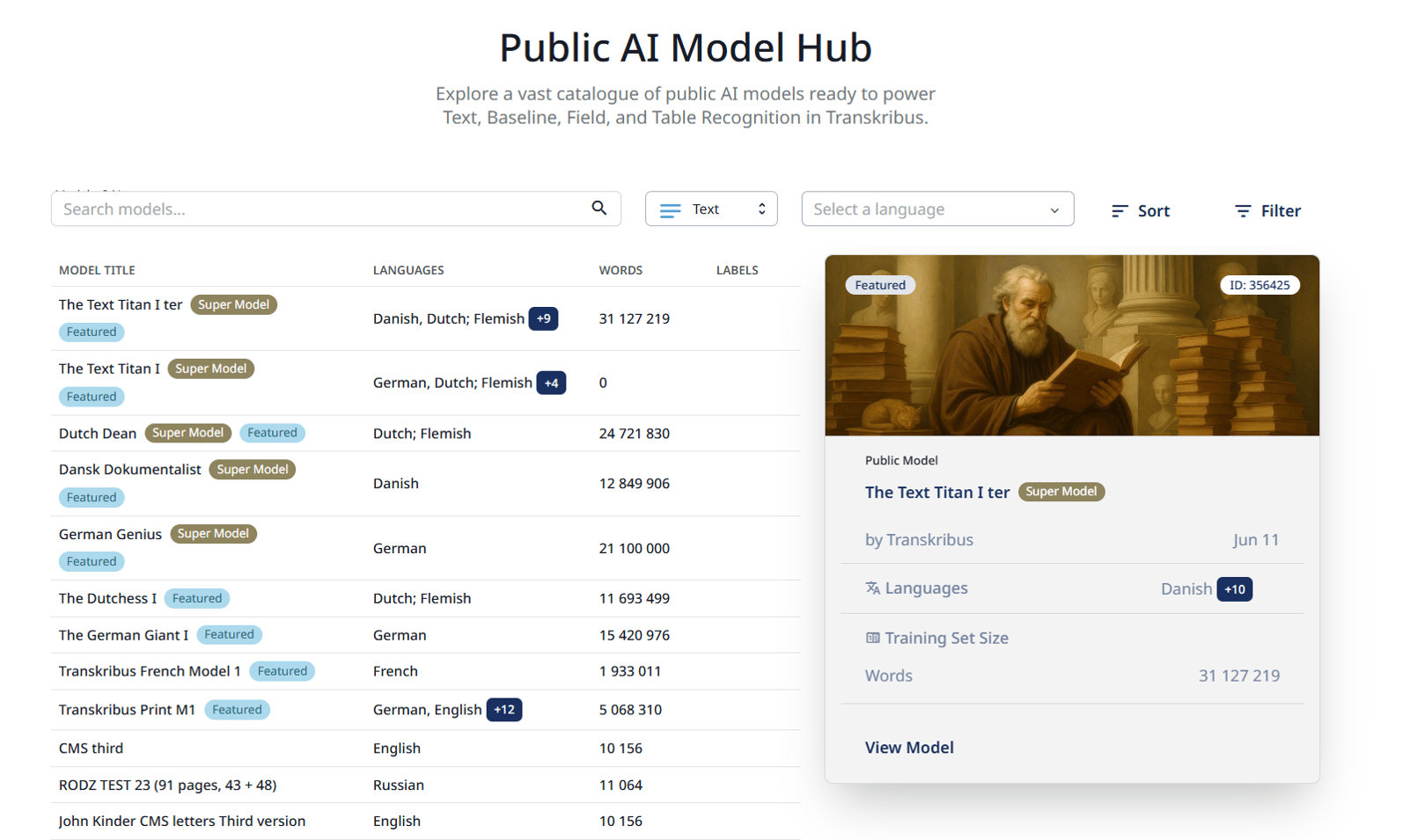 Screenshot of Transkribus Public AI Model Hub
