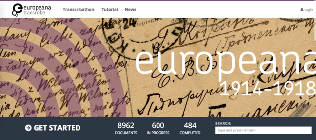 The homepage banner of the Europeana 1914-18 "transcribathon" website.